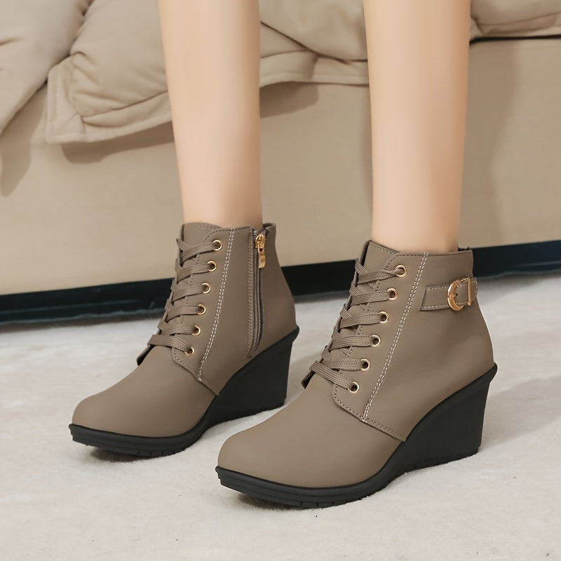 Women's Solid Color Round Toe Wedge Ankle Boots with Buckle Zipper