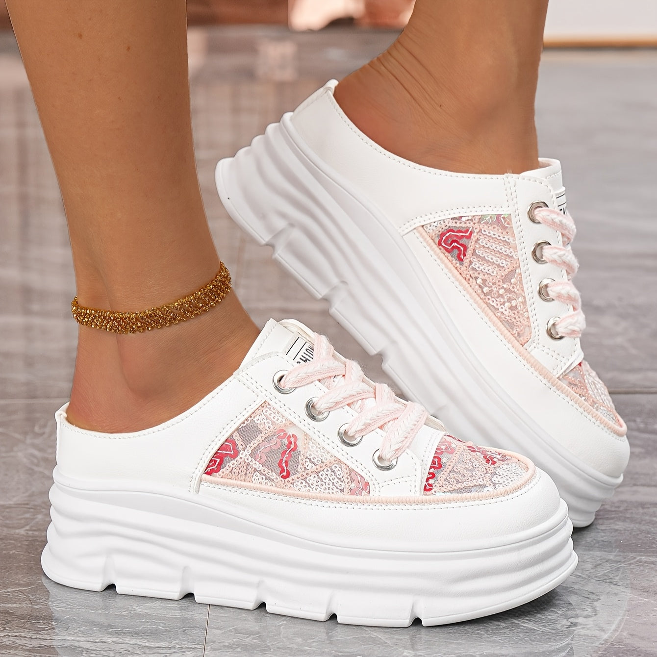 Women's Summer Platform Sneakers with Sequin Accents Breathable PU Rubber Sole
