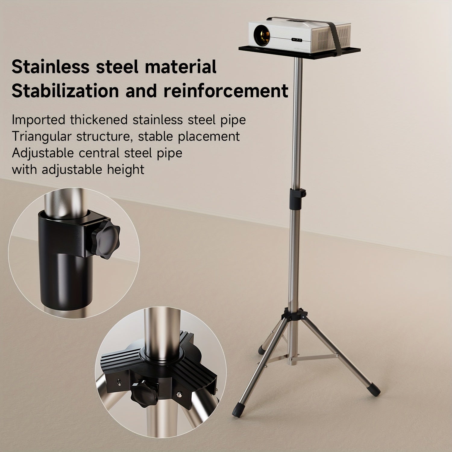 Soporte para proyector de acero inoxidable con banda elástica, altura ajustable, trípode plegable para hogar y oficina