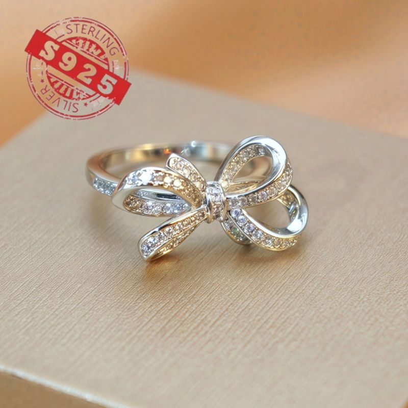 Sterling Silver Ribbon Bow Tie Ring with Zirconia for Birthdays and Weddings