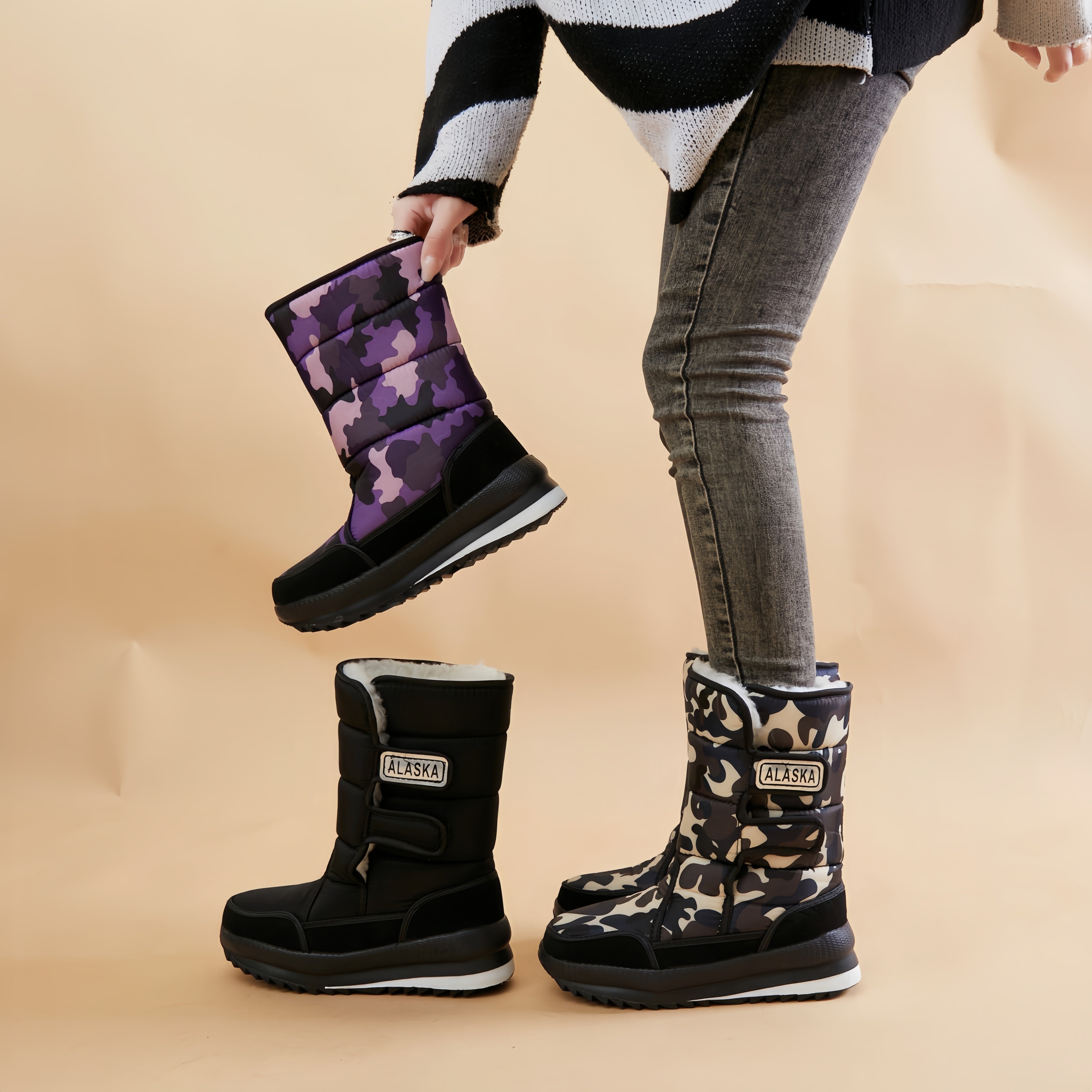 Унисекс зимние сапоги с камуфляжным принтом до середины икры, водонепроницаемые, противоскользящие