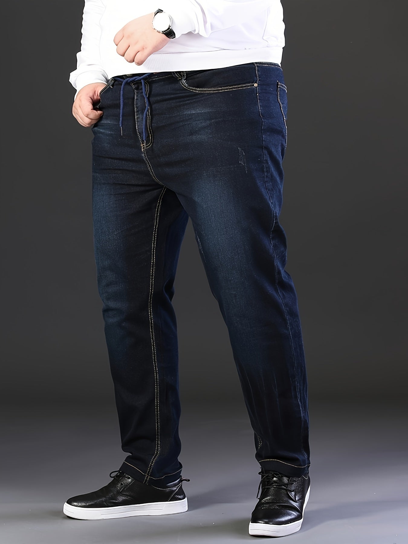 Men's Plus Size Stretchy Ribbed Elastic Waist Jeans for Business Casual