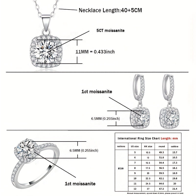 Moissanite Jewelry Set 5ct Necklace Ring Earrings Sterling Silver Wedding Gift