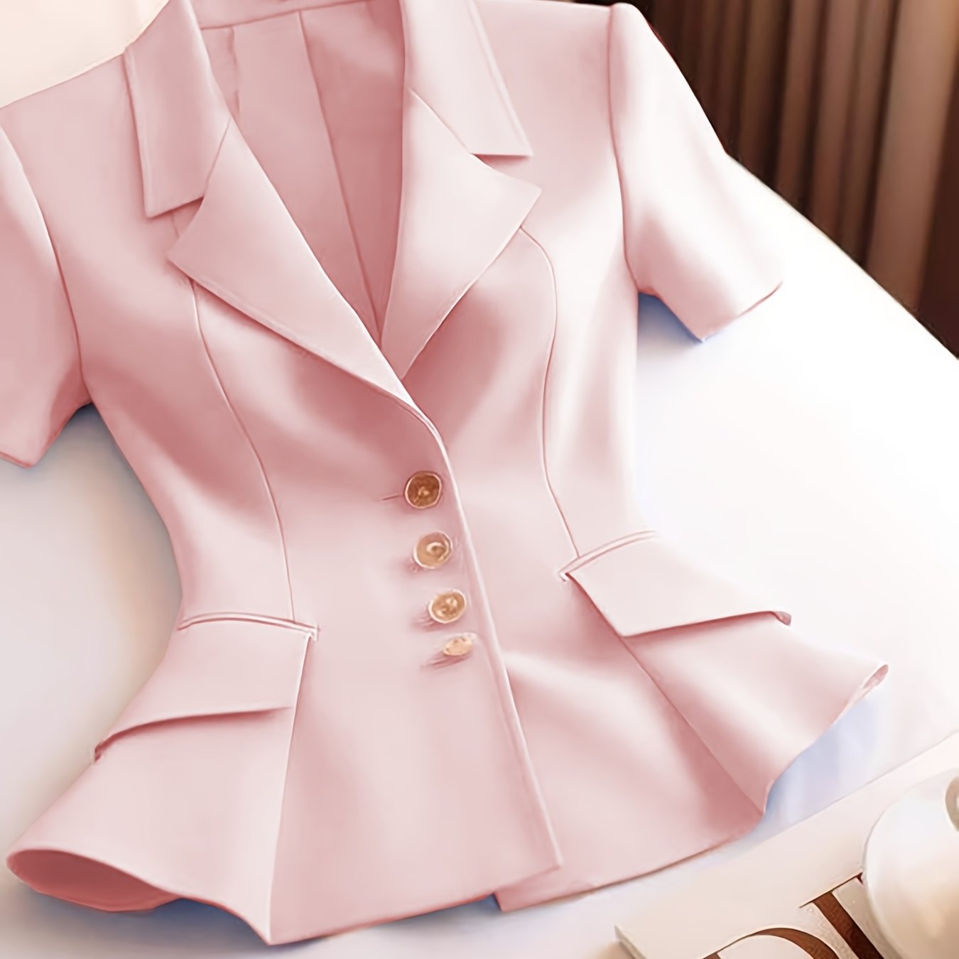 Pink Women's Blazer Short Sleeve Ruffled Hem Slimming Fit Office Casual Polyester