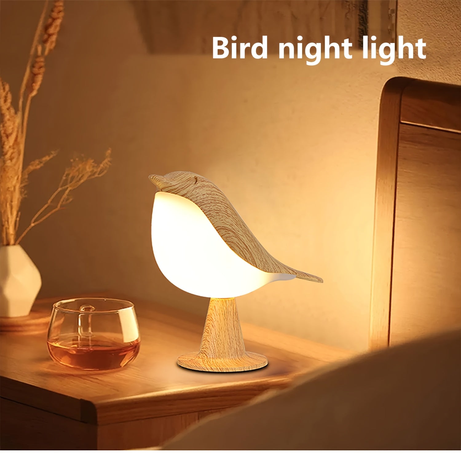 Lámpara de mesa Art Deco Bird LED con luz nocturna táctil, batería de litio recargable y cable USB en color hoja de arce