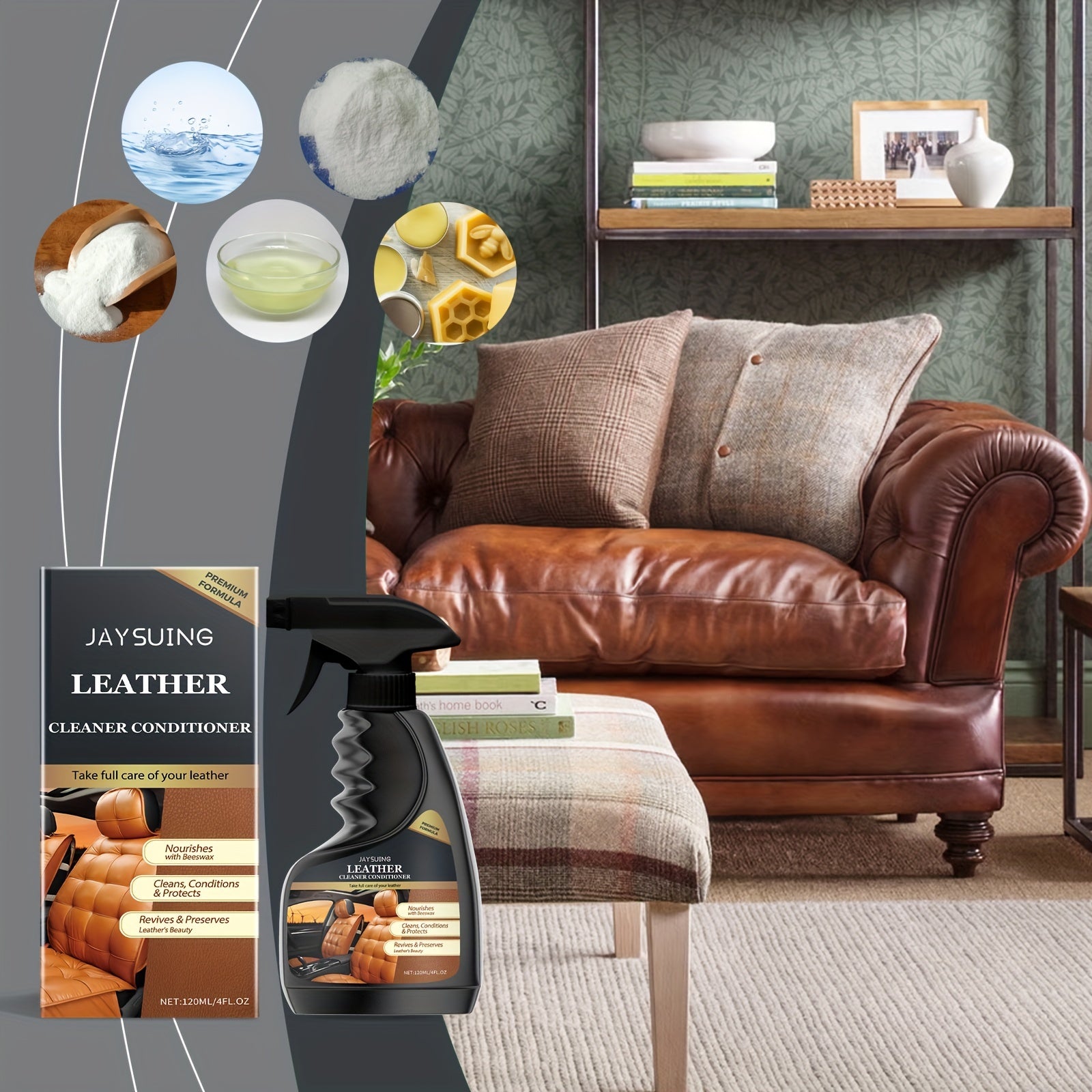 JAYSUING Terini tozalovchi va shartlovchi spreyi: Chuqur tozalovchi dog'larni olib tashlovchi, mebel, sumkalar, divanlar, avtomobil o'rindiqlari uchun porlaydigan vosita - Qoldiqsiz formula, natriy bikarbonati bilan - 1 litrdan kam suyuqlik hajmi