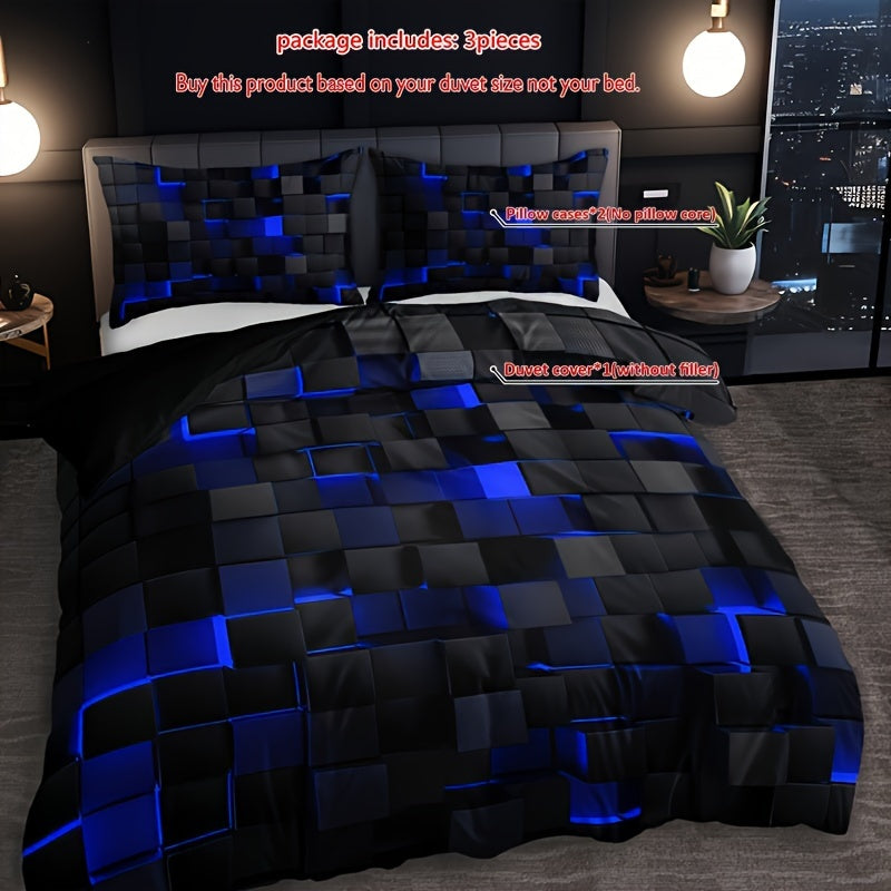 Grid Print Bedding Set 3-Piece Duvet Cover and Pillowcases for Bedroom or Guest Room