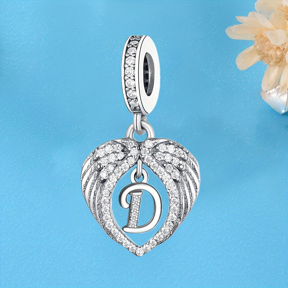 Sterling Silver Heart-Shaped Wing Pendant with Zircon Letter for DIY Jewelry