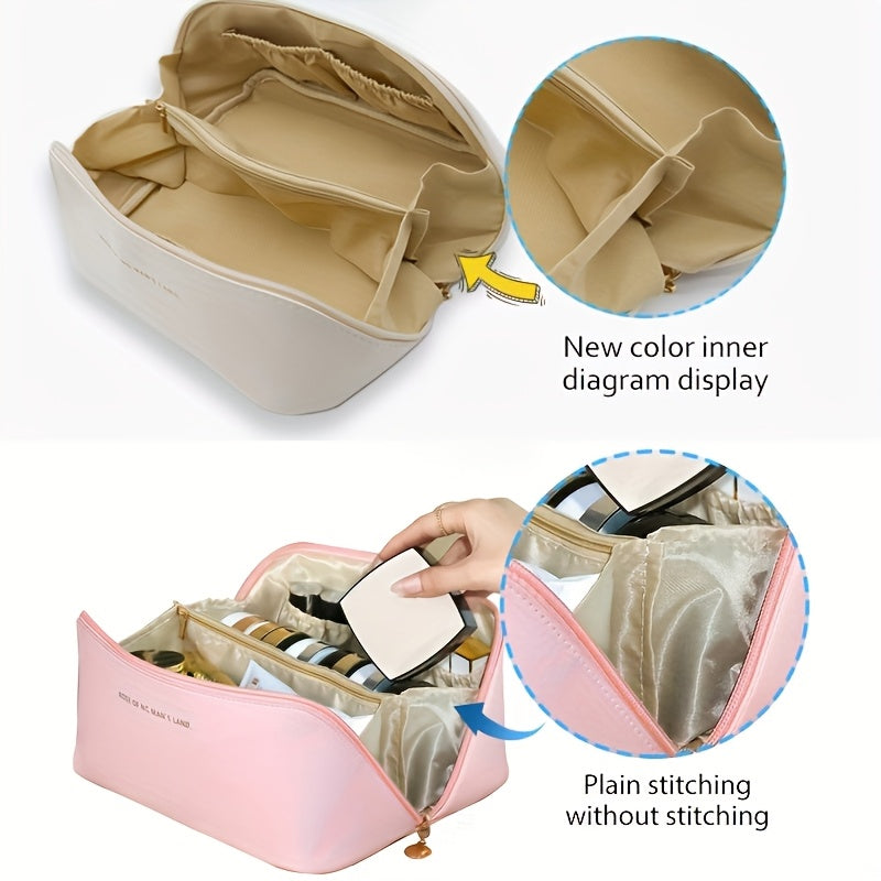 "Yiwu ishlab chiqarilgan ayollar uchun zamonaviy pushti PU kosmetik qutisi, katta sig'imga ega va mustahkam qirra bo'yoq bilan, zamonaviy yostiq shakli va polyester astar bilan ta'minlangan."