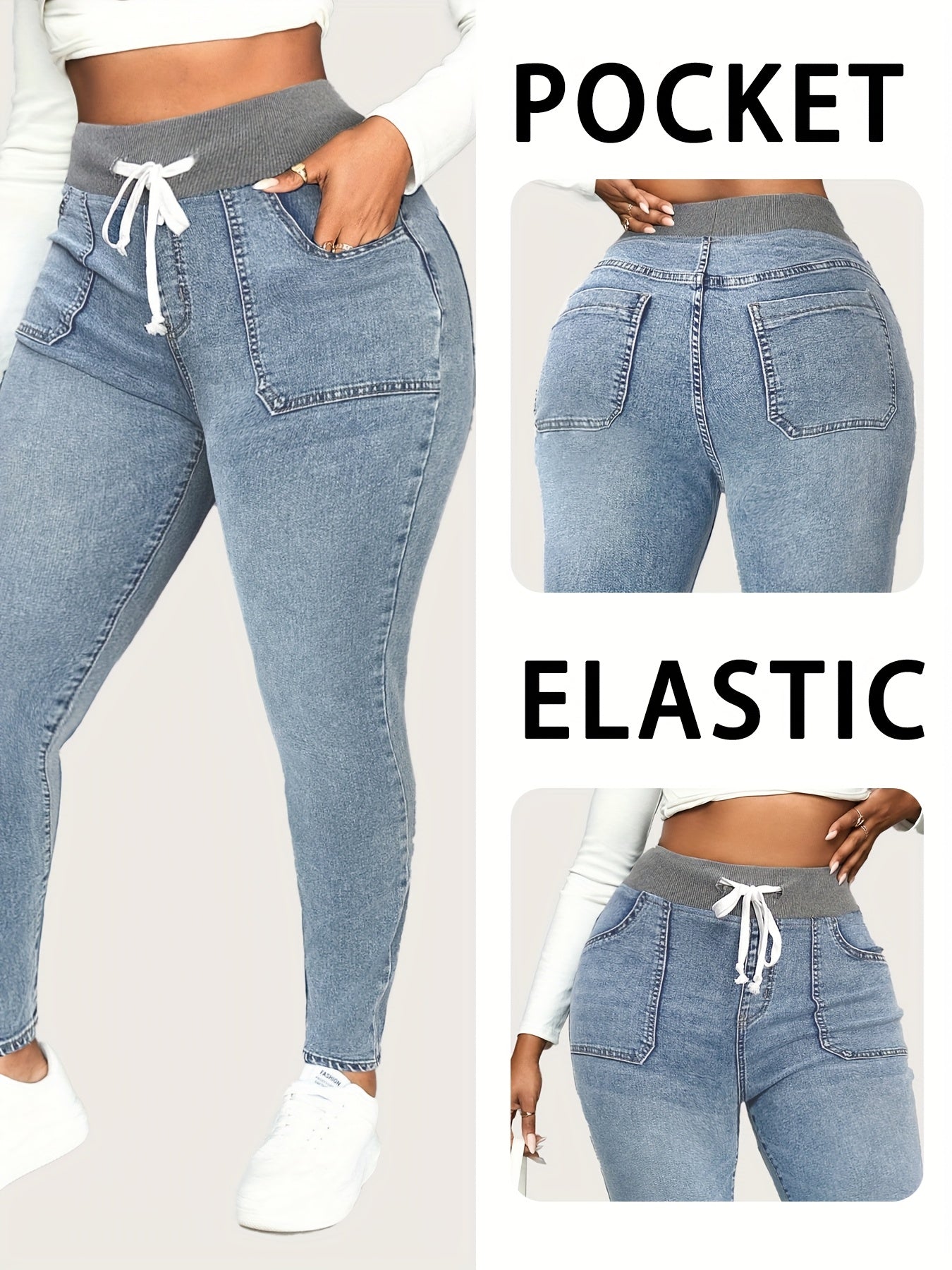 Men's Denim Jeans Slim Fit Wide Ribbed Wide Waistband Casual Stylish