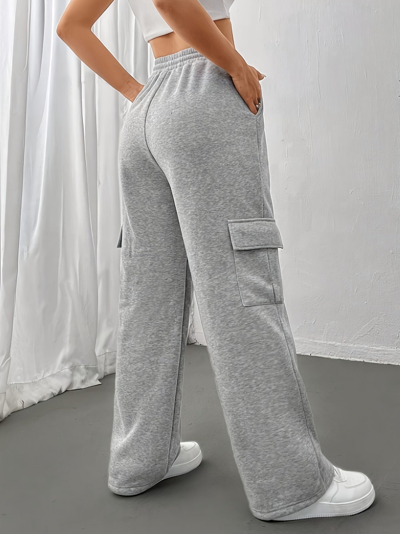 Pantalones deportivos de pierna ancha para mujer con cintura alta, cordón y bolsillos, otoño e invierno, poliéster