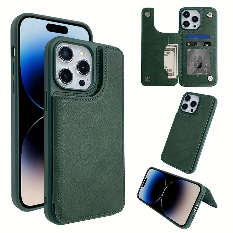 Faux Leather Phone Case with Card Wallet Magnetic Button for iPhone Models