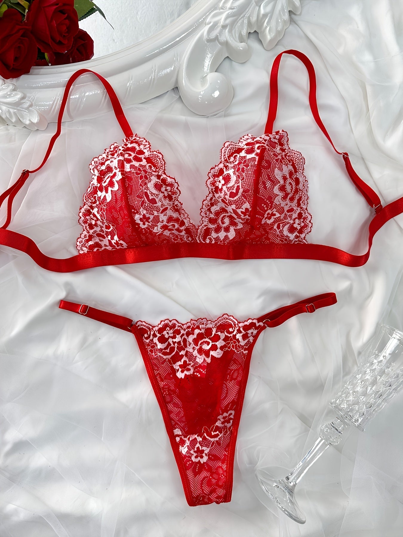 Women's Floral Lace Lingerie Set with Triangle Cups and Panties