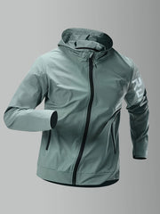Chaqueta con capucha para hombre de poliamida y spandex, patrón de letras, con cremallera, para actividades al aire libre como senderismo y running, ideal para primavera y otoño.