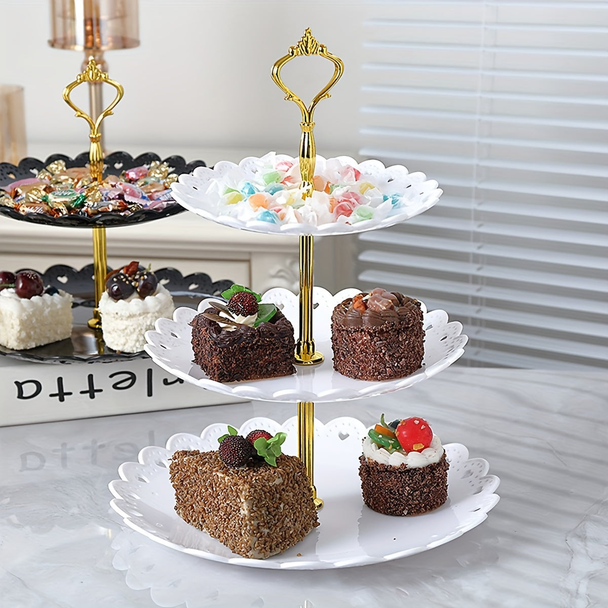 6-Piece White and Black 3-Tier Cupcake Holders Set for Weddings and Events