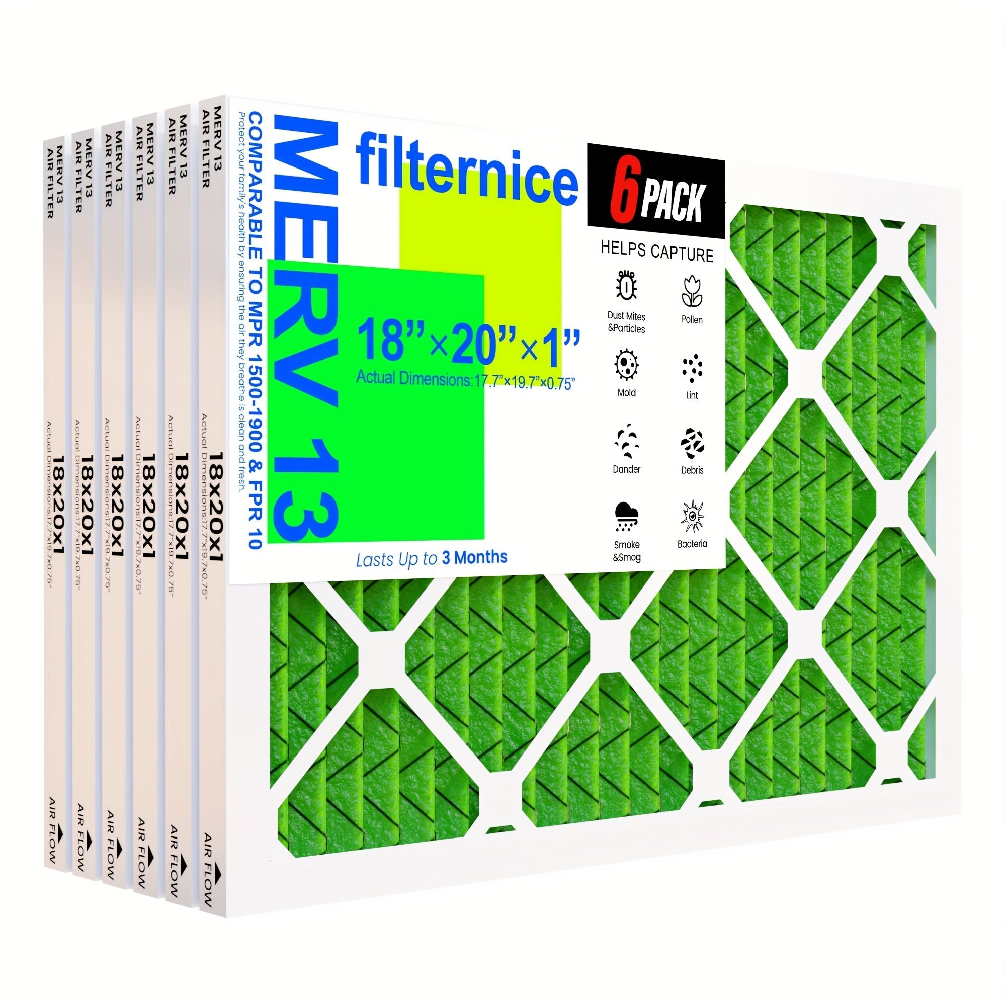 HVAC Air Filter 6-Pack 45.72x50.8x2.54 cm Electrostatic Pleated MERV8-13