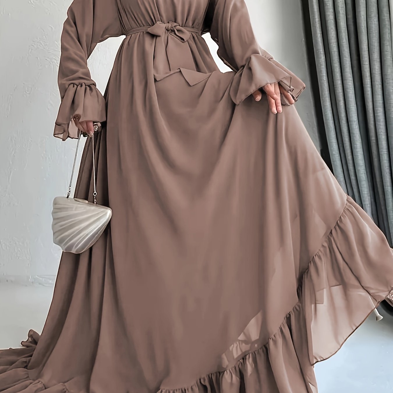 Solid Color Dress with Belted Ruffle Hem Long Sleeve Mock Neck for Spring and Fall