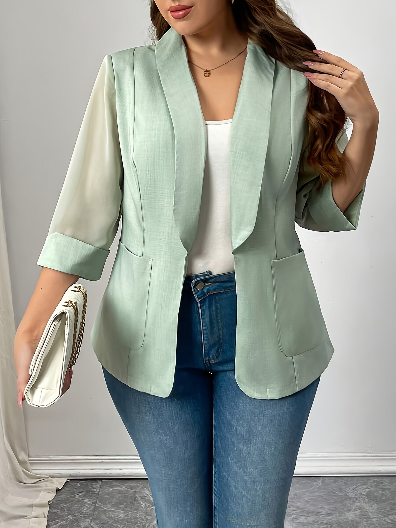 Women's Plus Size Green Chiffon Blazer with Lapel Collar and Pockets