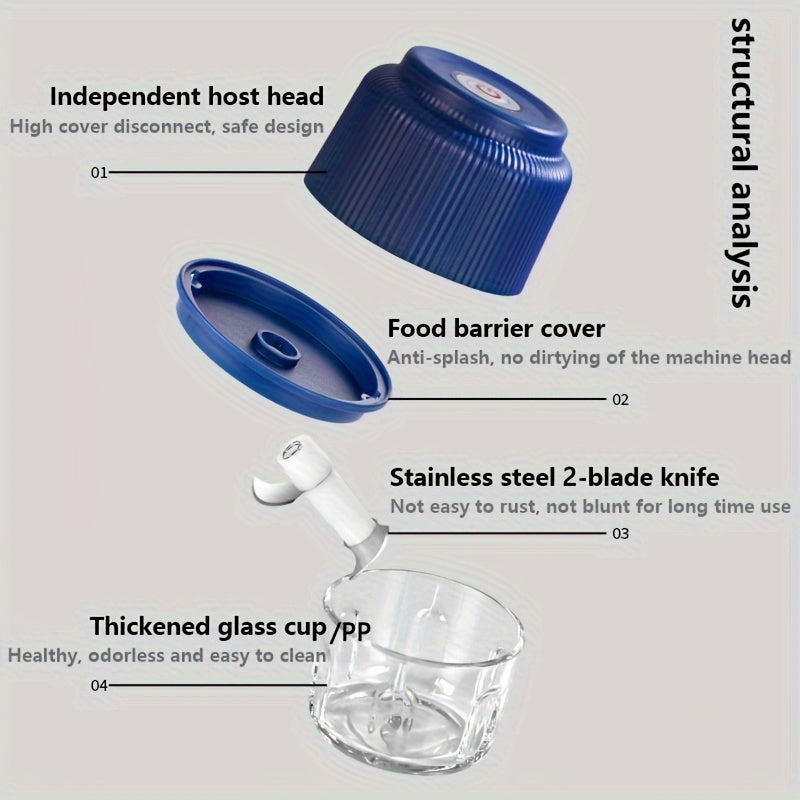 Portable Electric Garlic Chopper 260ml Glass Container USB Rechargeable Outdoor BBQ