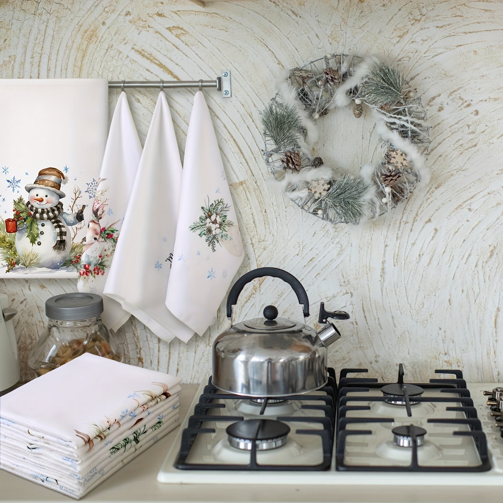 2-Piece Christmas Kitchen Towel Set Absorbent Snowflake Tree Snowman Reindeer