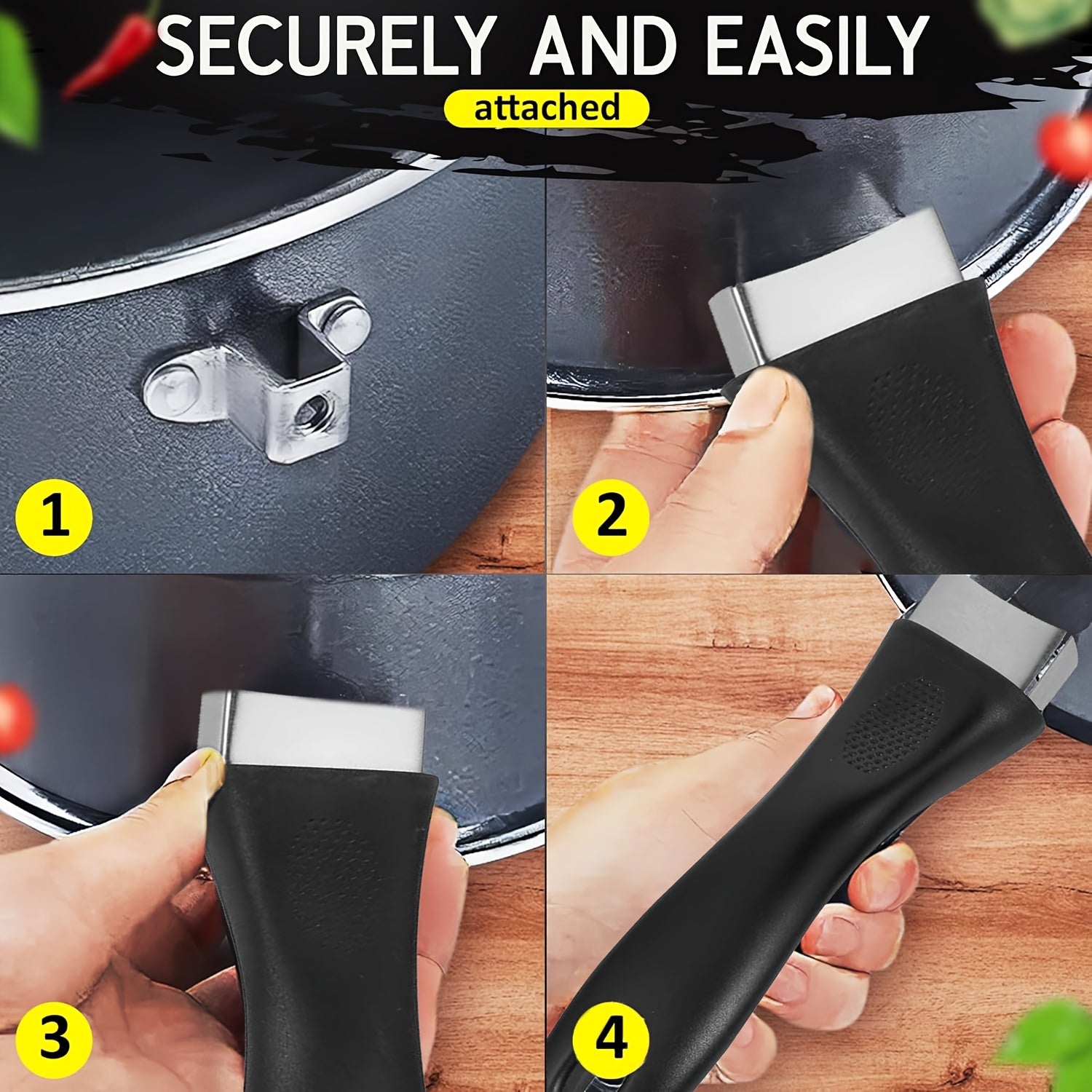 Замените ручку вашей кухонной посуды на универсальную противоожоговую ручку и винты.