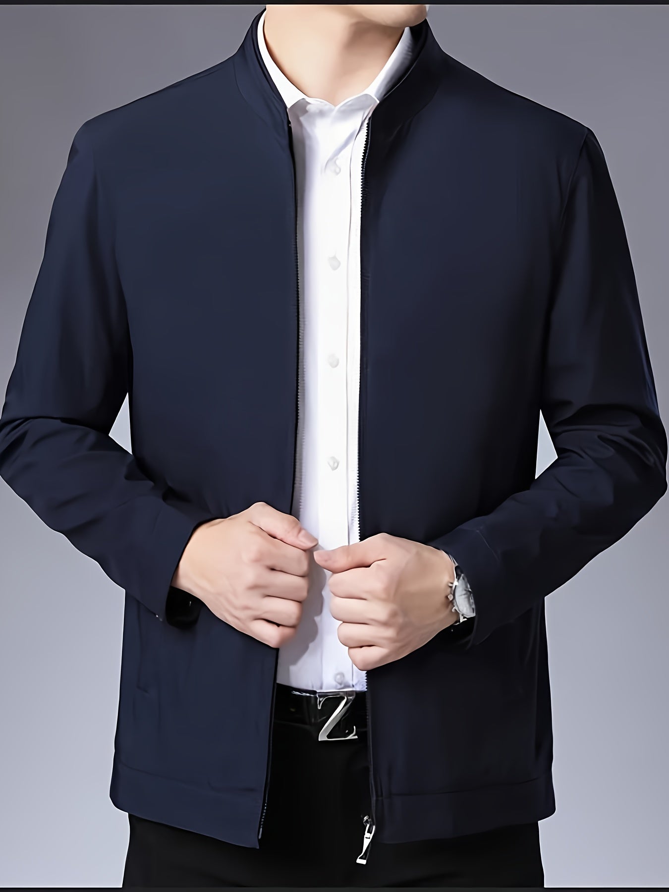 Men's Lightweight Business Casual Jacket Polyester Stand Collar Zip Up Pockets Spring Fall