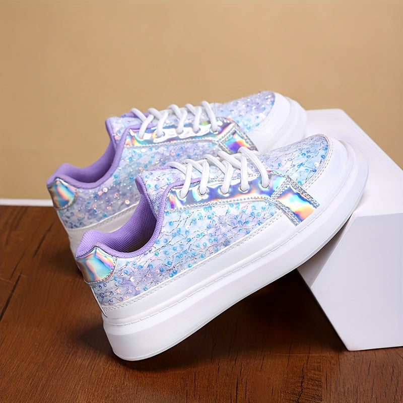 Girls' Sparkly Blue Sequin Sneakers with Purple Accents for Outdoor Play and Casual Wear