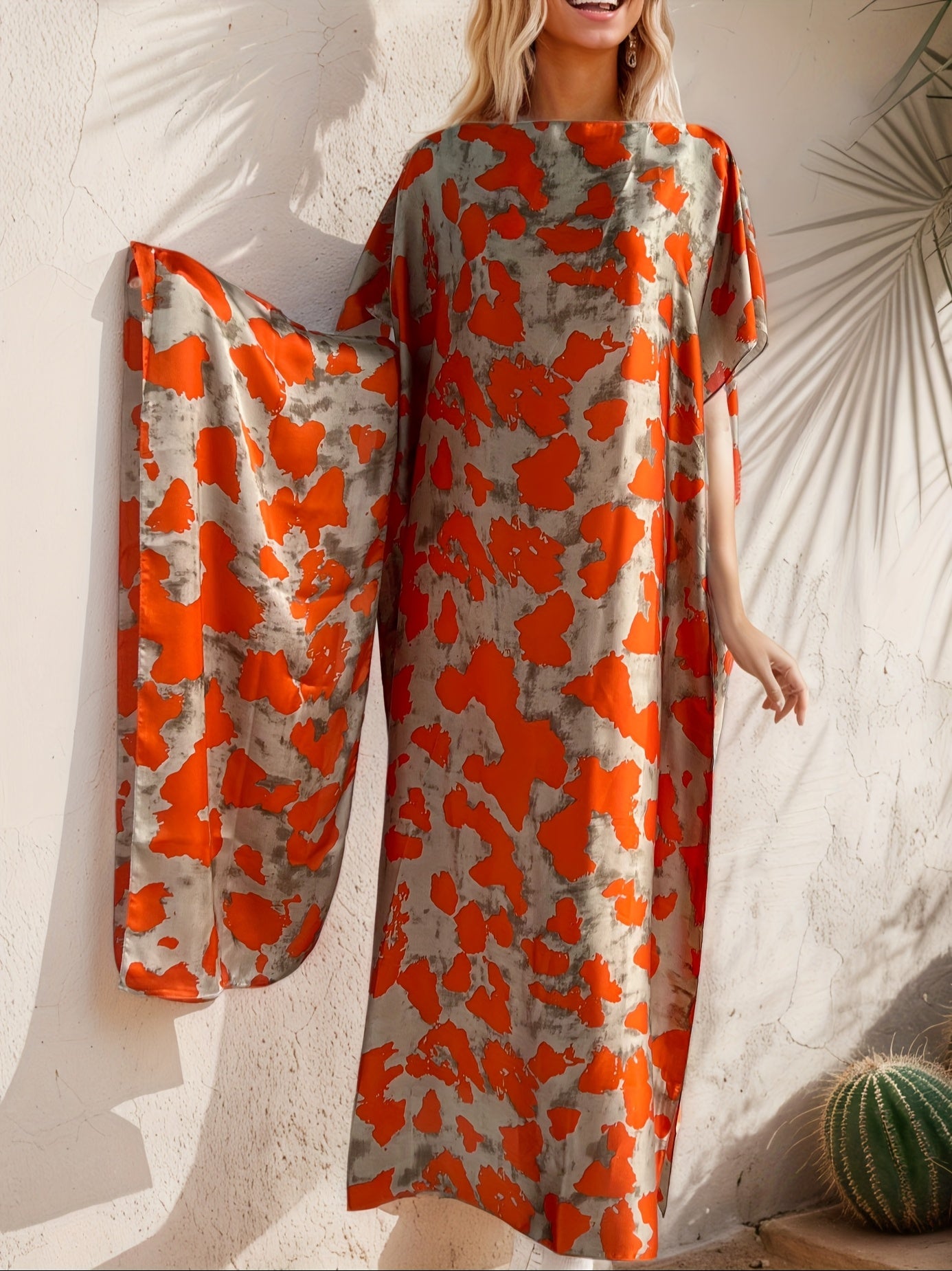 Ayollar uchun katta o'lchamli gullik bosma maxi kiyim va sharf, apelsin rangli nuqta bilan