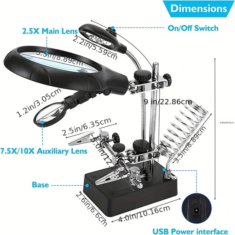 Soldering Station with Magnifying Glass and PCB Holder, Adjustable LED Lights