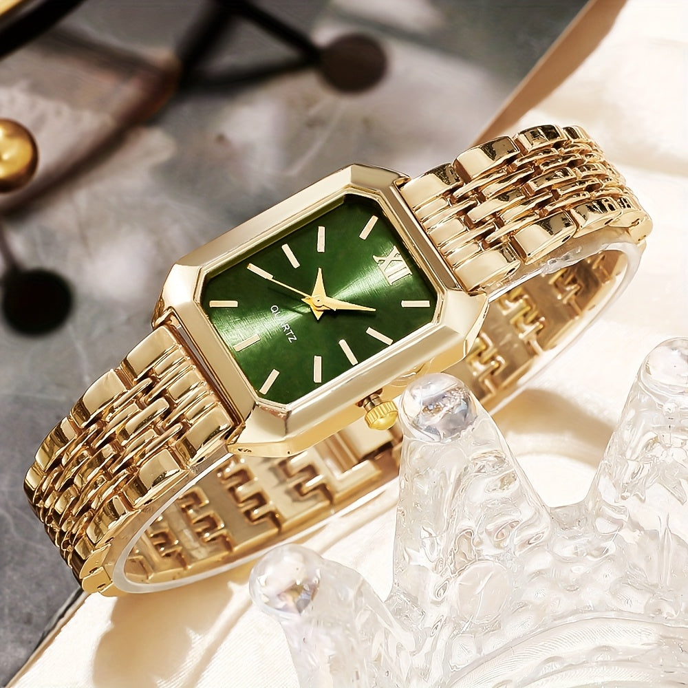 Women's Quartz Watch with Gold-Tone Rectangle Case, Multi-Color Dial, Shockproof Alloy