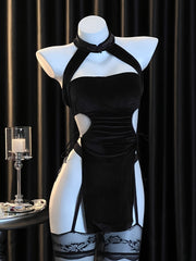 Women’s Velvet Cheongsam Bodysuit with High Slit and Lace-Up Detail