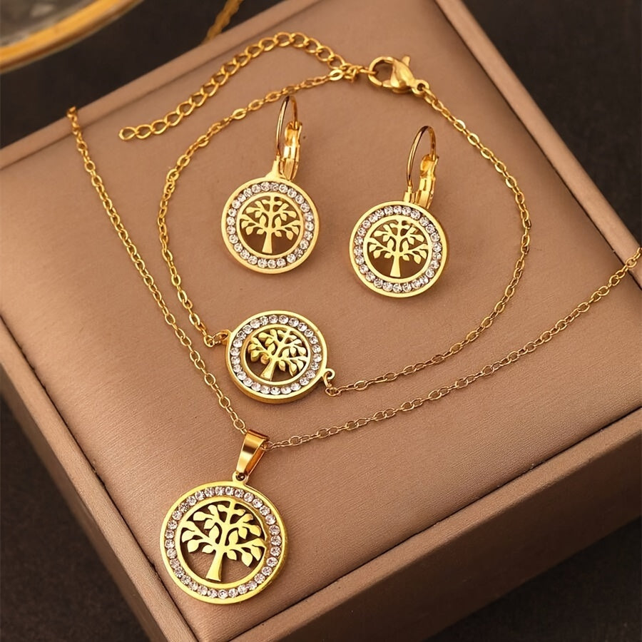 Bohemian Style 3-Piece Tree of Life Jewelry Set Copper Gold Plated Synthetic Zirconia for Parties Weddings