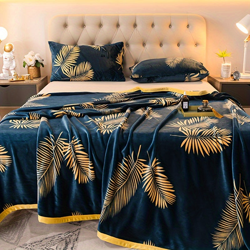 Manta de felpa de visón de doble cara con diseño de hojas florales azules para sofá, cama y viajes