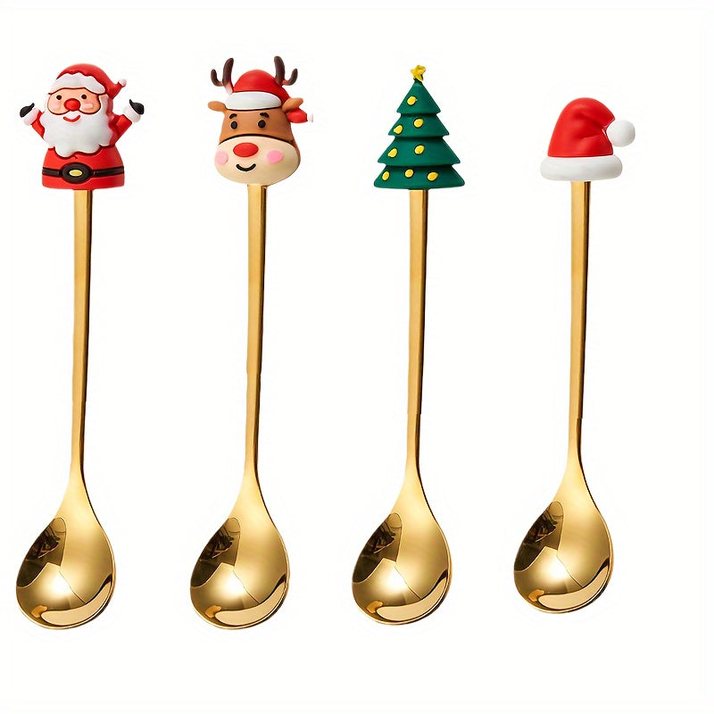 Set of 4 Stainless Steel Coffee Spoons with Santa and Reindeer Christmas Designs