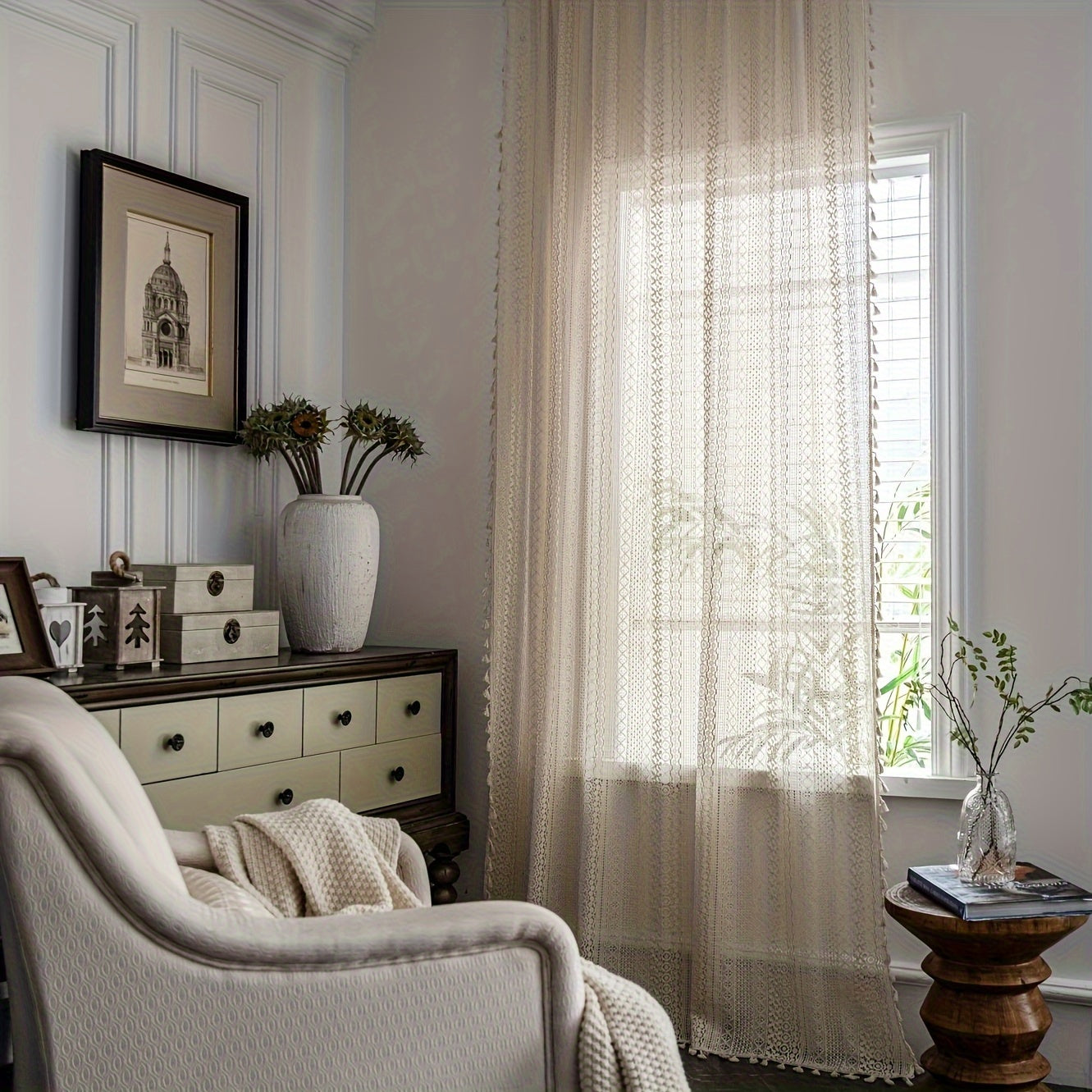 Cortinas de estilo bohemio Pop Hollow Beige con borlas, juego de cortinas translúcidas para sala de estar y dormitorio