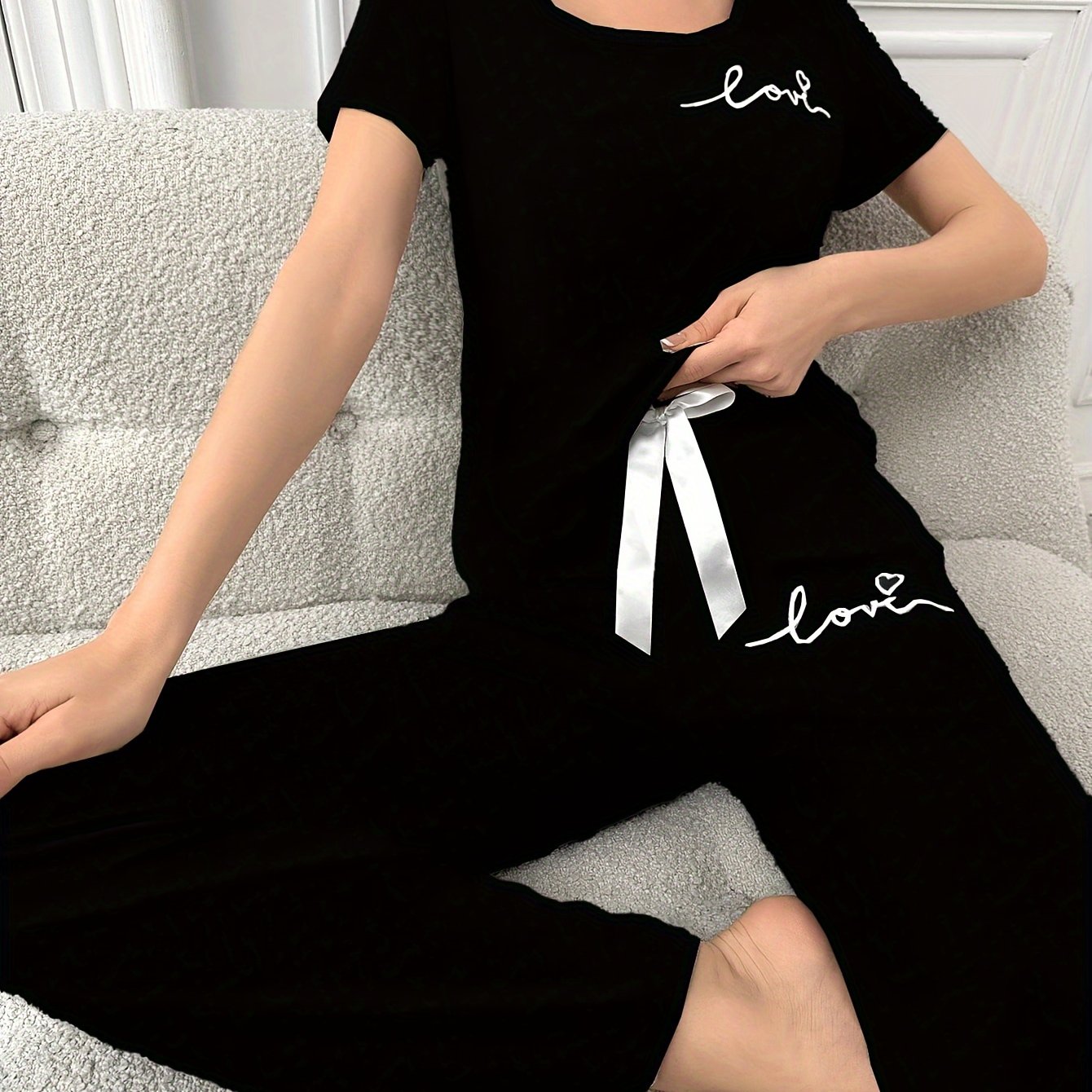 Women's Lounge Set Short Sleeve Letter Print Knit Pajama Casual All-Season