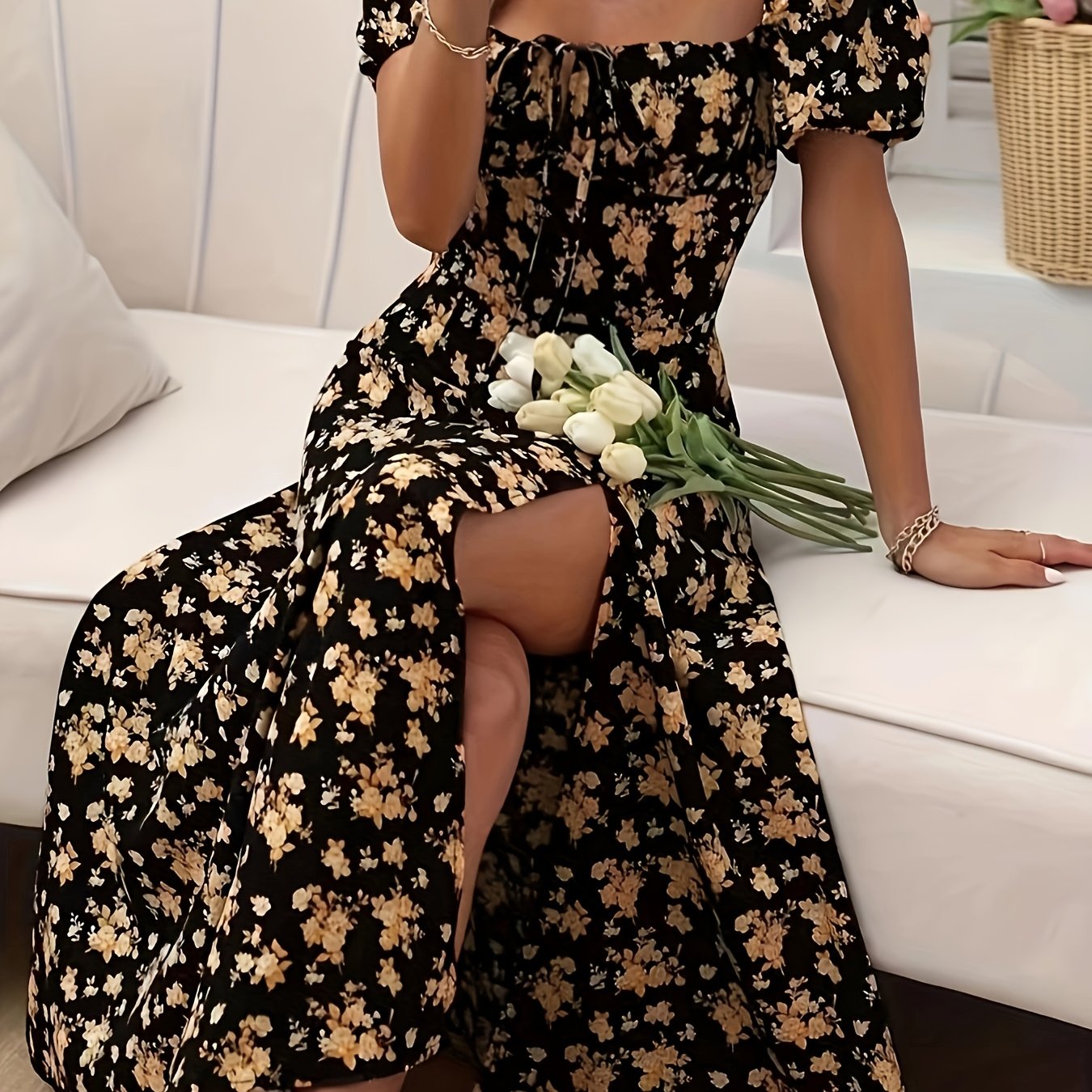 Women's Floral Print Puff Sleeve Dress with Split Hem for Summer
