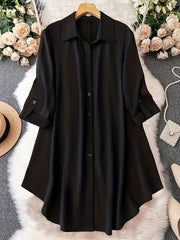 Plus Size Black Button-Up Shirt for Women Polyester Casual Spring Fall