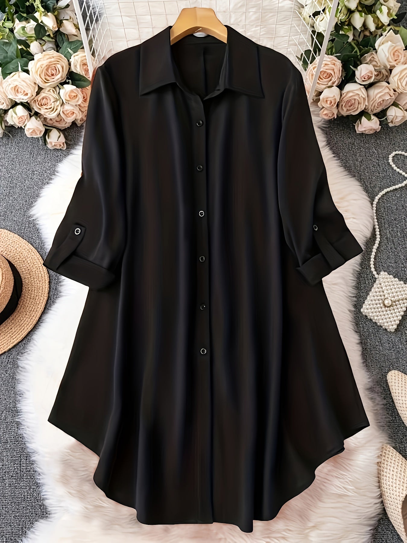 Plus Size Black Button-Up Shirt for Women Polyester Casual Spring Fall