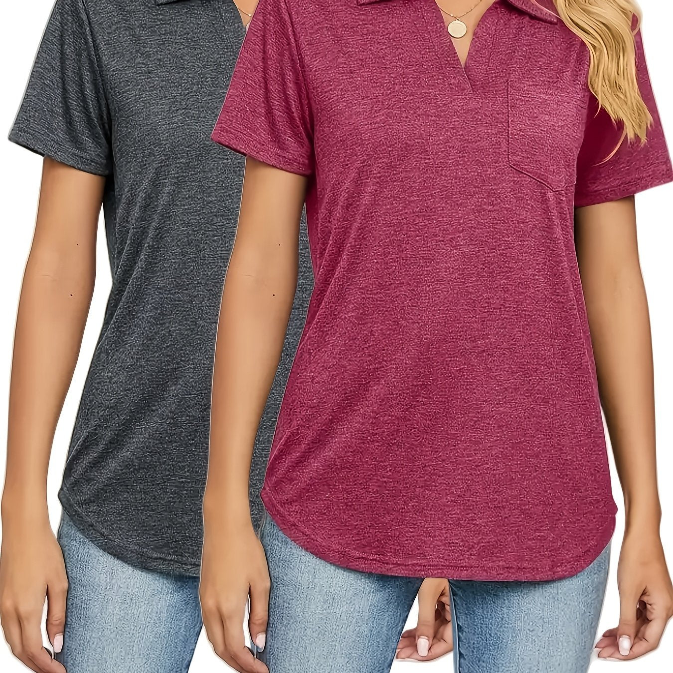 Women's Plus-Size Polo Shirts Set with Pockets Short-Sleeve Casual T-Shirts
