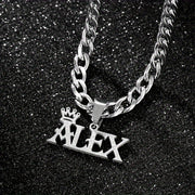 Stainless Steel Pendant Necklace with Crown Charm Custom Name Men Jewelry