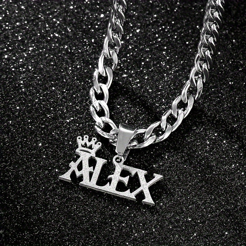 Stainless Steel Pendant Necklace with Crown Charm Custom Name Men Jewelry