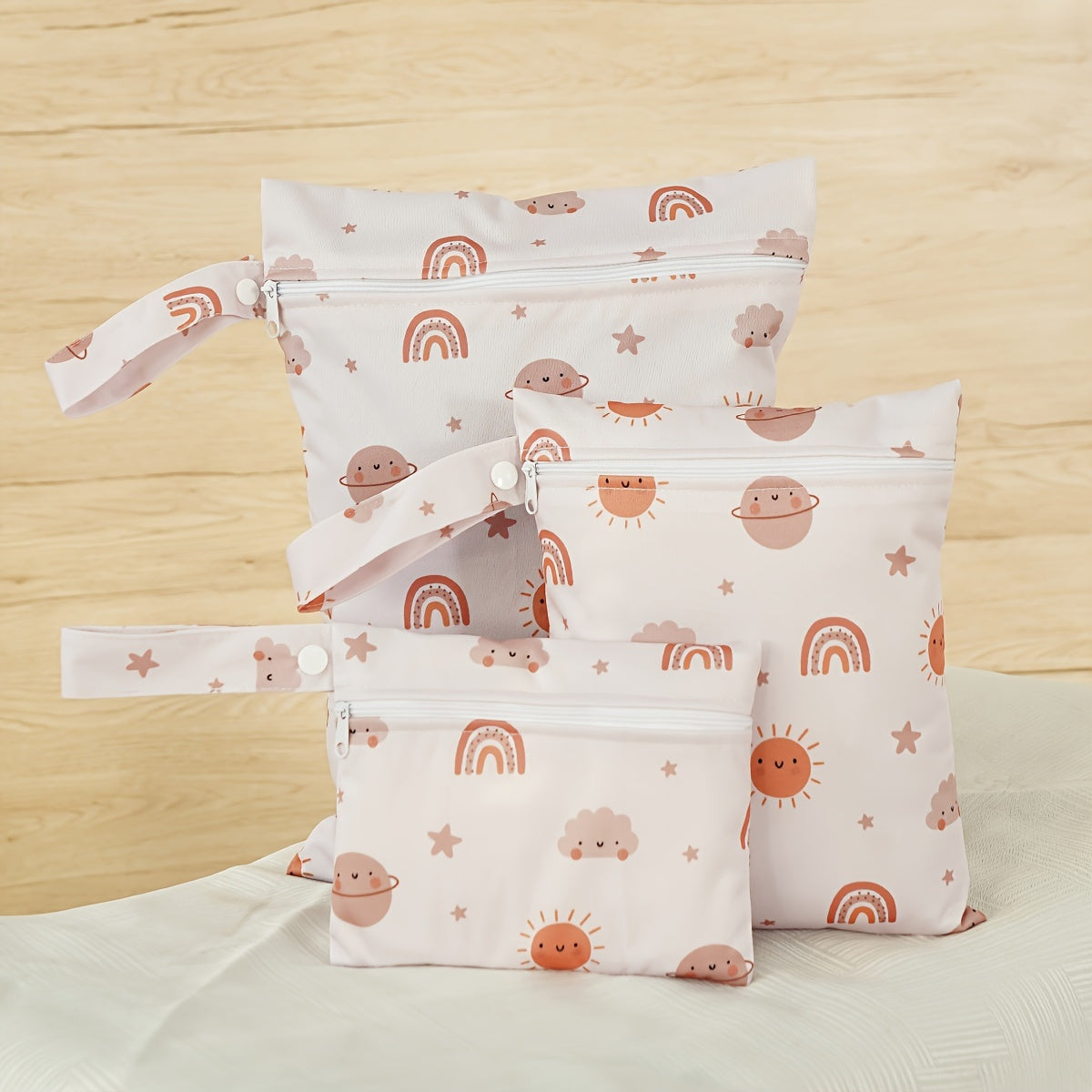 Set of 3 Waterproof Reusable Diaper Bags with Smooth Zipper Pockets in Assorted Sizes