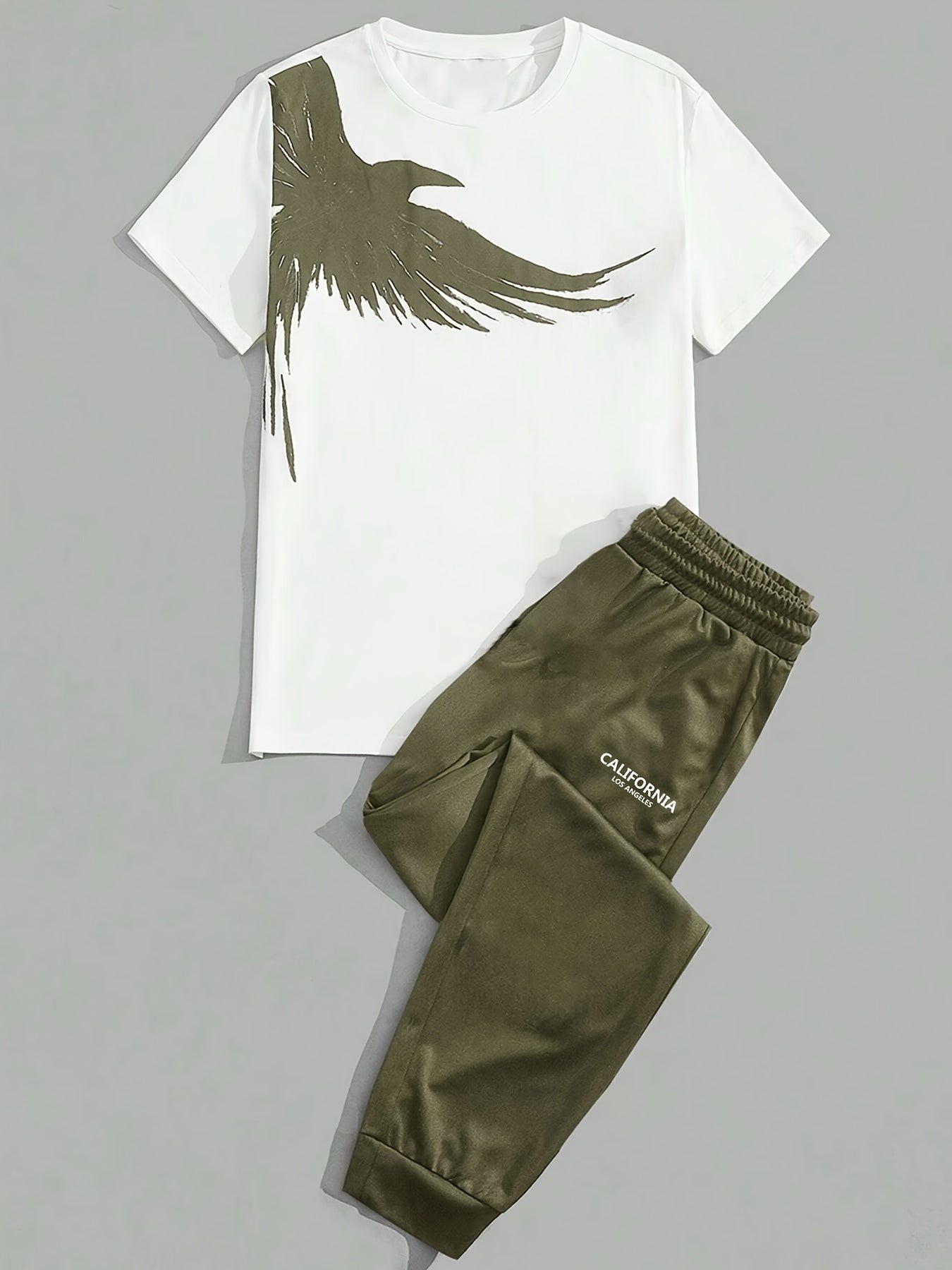 Men's Summer Outfit Eagle Print Short Sleeve T-Shirt and Long Pants Polyester Casual