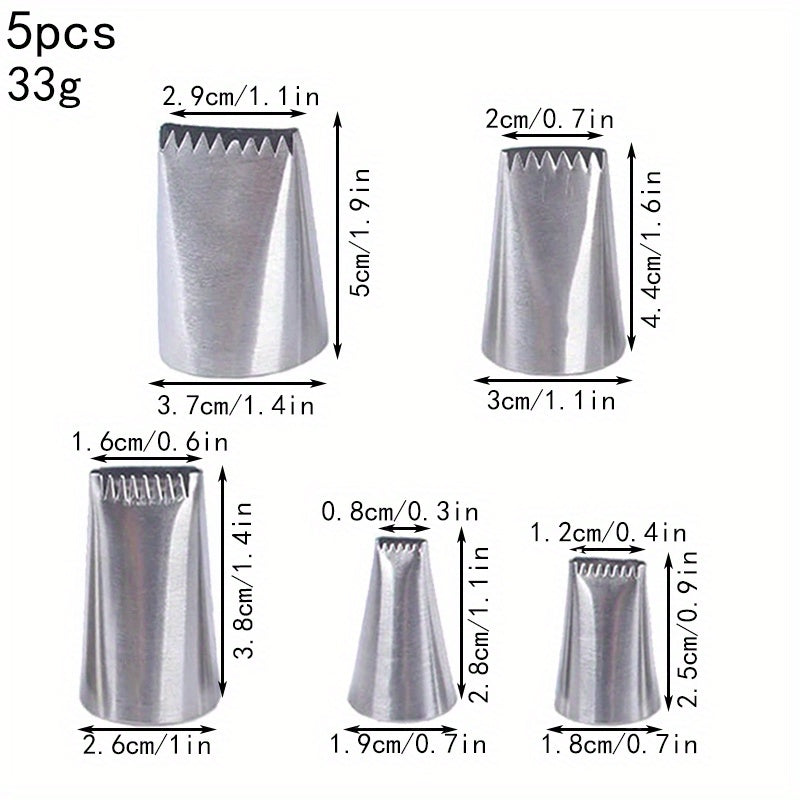5 dona zanglamas po'latdan yasalgan quvur uchlari to'plami - murakkab tort bezash uchun ideal, tishli va tekis qirralar bilan. Tug'ilgan kun va yubiley bayramlari uchun ideal, zarur tort bezash materiallarini o'z ichiga oladi.