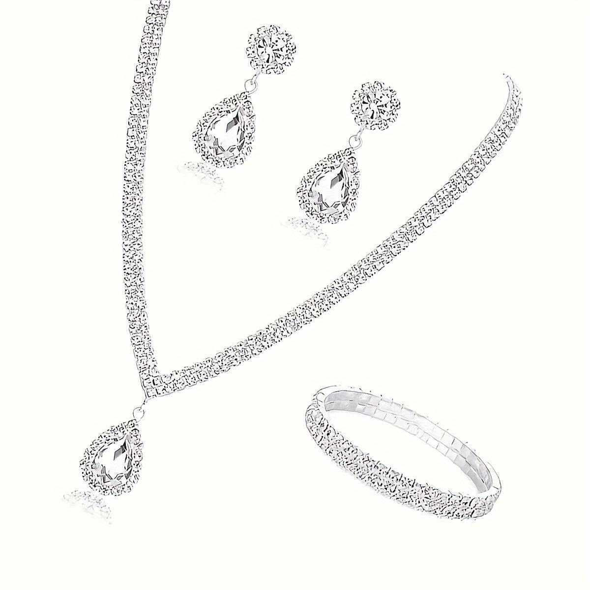 Silver Plated Copper Jewelry Set with Rhinestone Teardrop Earrings Necklace Bracelet for Women