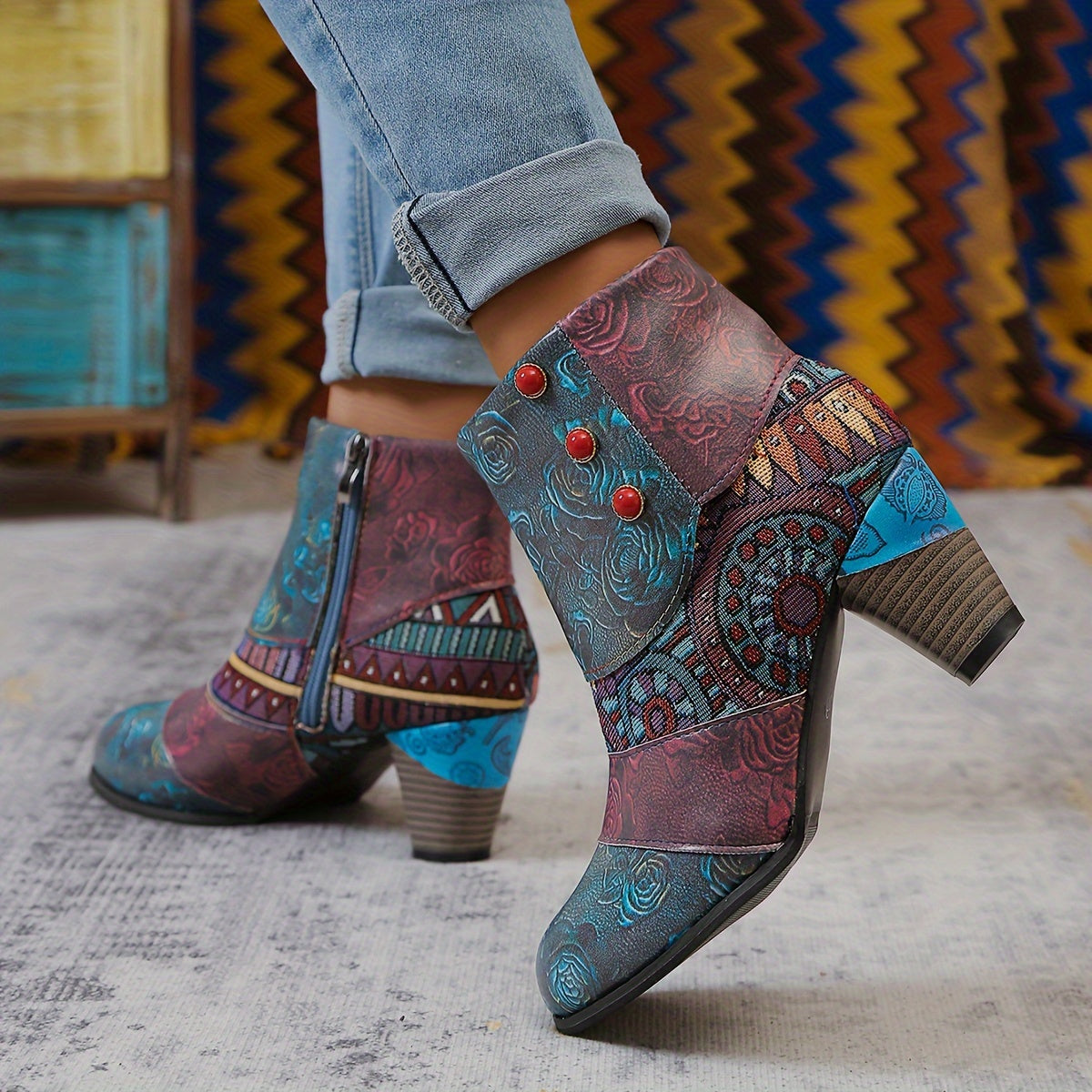 Women Bohemian Ankle Boots Fabric Insole Block Heel with Floral Patterns