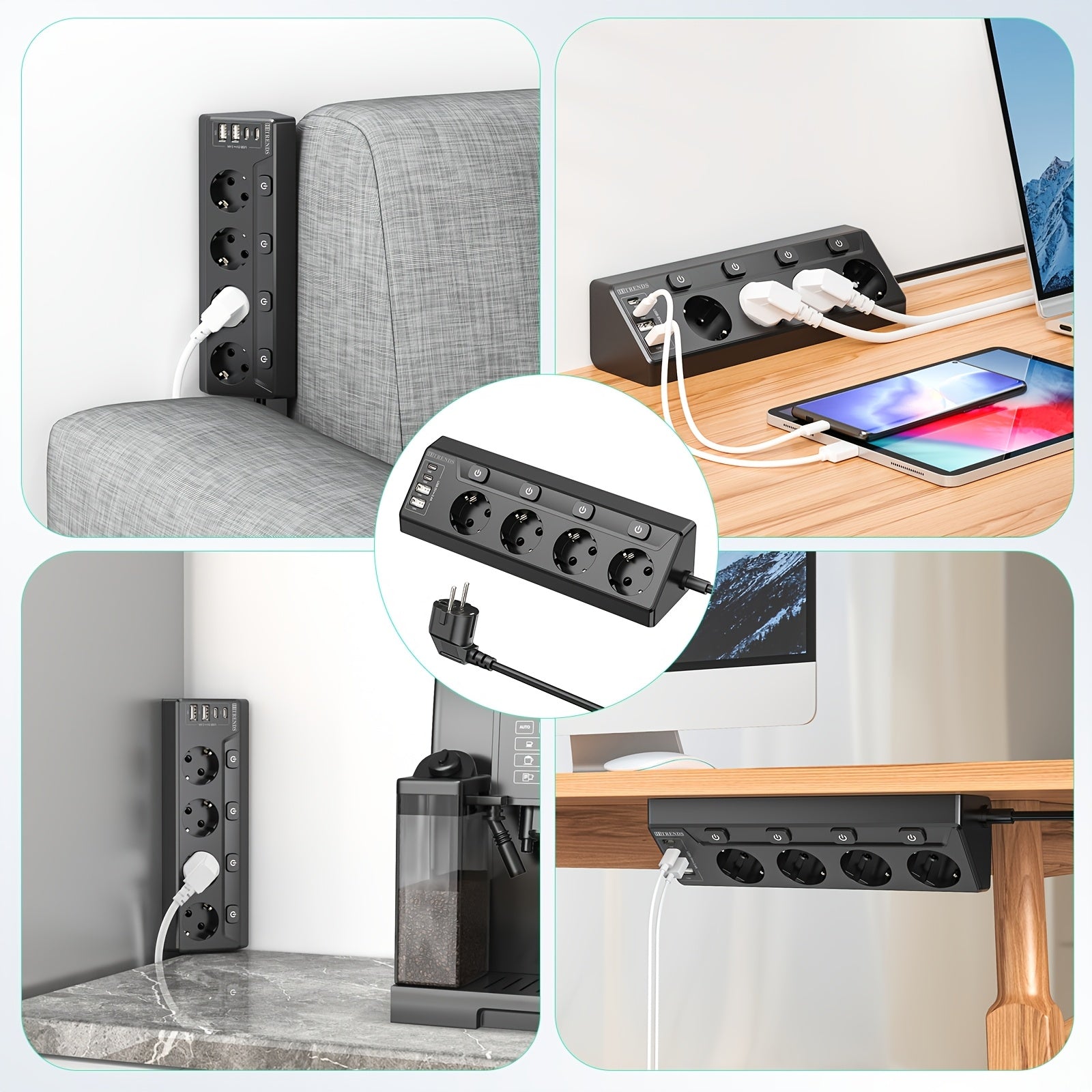 4-Tier Corner Power Strip with USB C and USB Wall-Mounted and Desktop Black 2m