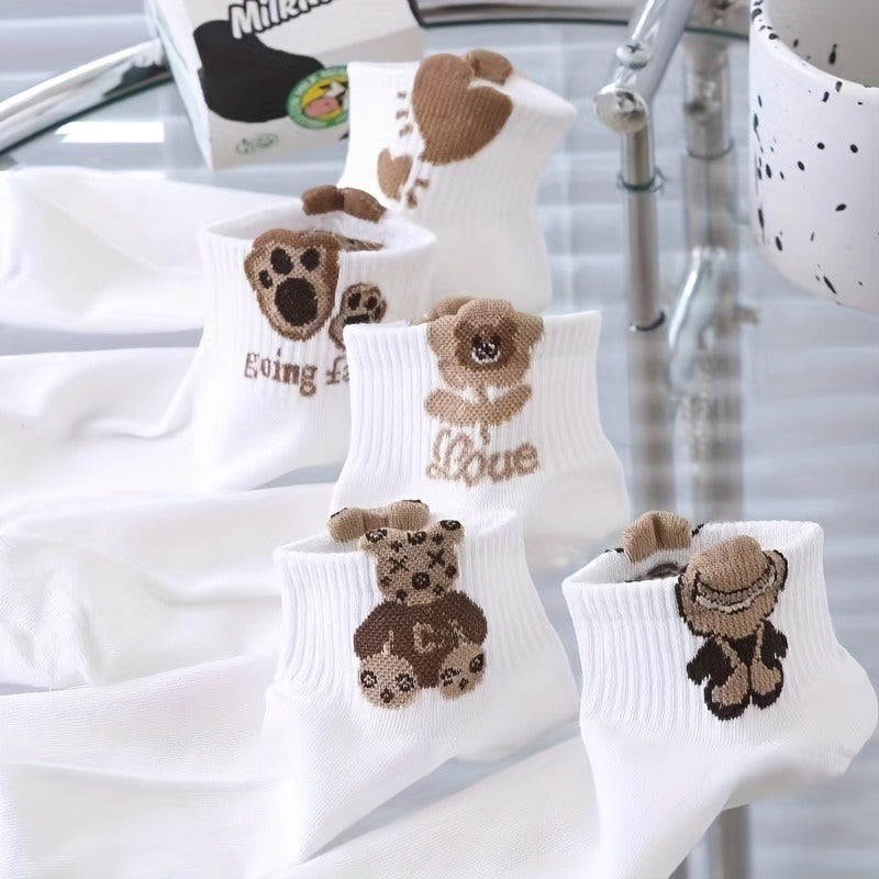 Calcetines cortos para mujer, 5 pares, oso de dibujos animados, café, poliéster transpirable