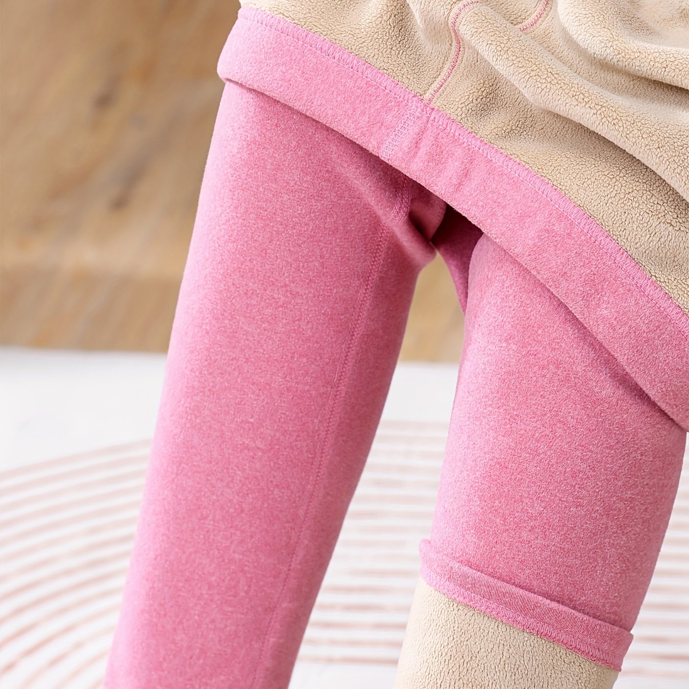 Women's Fleece-Lined High Waist Leggings in Pink and Beige for Autumn Winter Tummy Control Butt Lift Workout